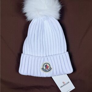 Moncler Women’s White Ribbed Beanie with Logo